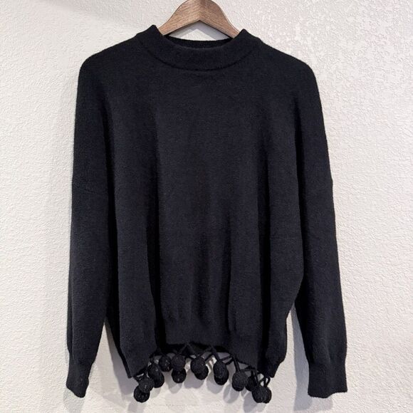 English Factory Black Sweater Pom Pom Hem Knit Pullover Cozy Chic Size Small - Picture 1 of 9